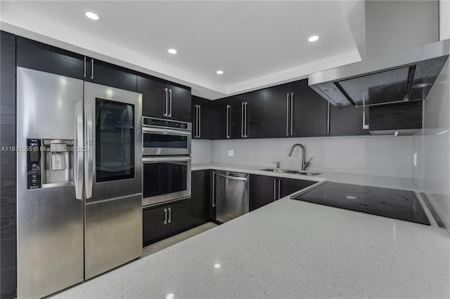 kitchen with appliances with stainless steel finishes, island exhaust hood, a tray ceiling, and sink