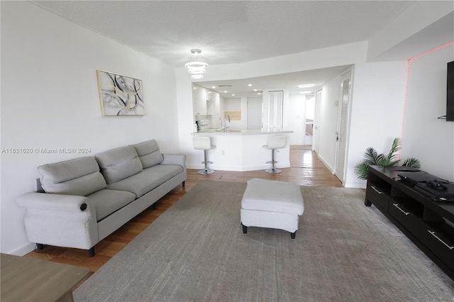 living room with dark hardwood / wood-style floors and sink