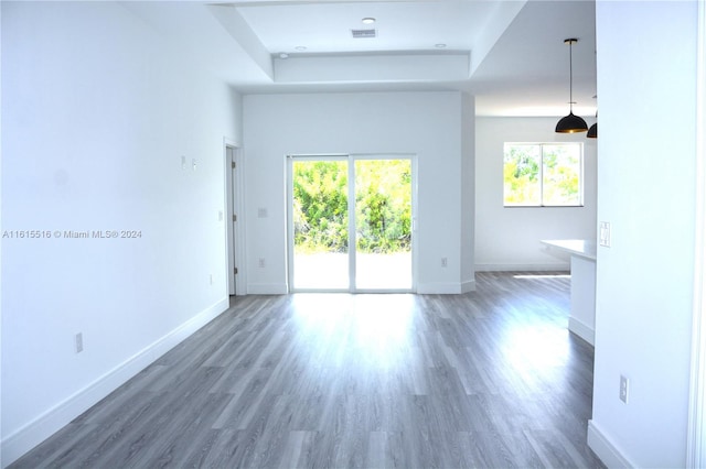 unfurnished room with dark hardwood / wood-style floors and a tray ceiling