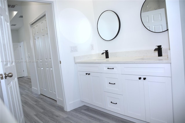 bathroom featuring hardwood / wood-style floors and dual bowl vanity