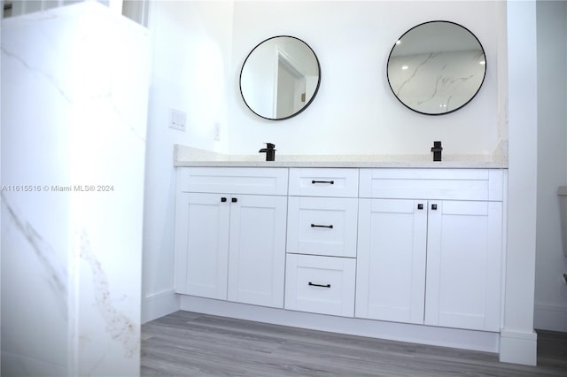 bathroom featuring hardwood / wood-style flooring and double vanity