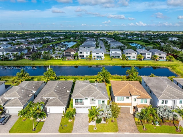 drone / aerial view featuring a water view