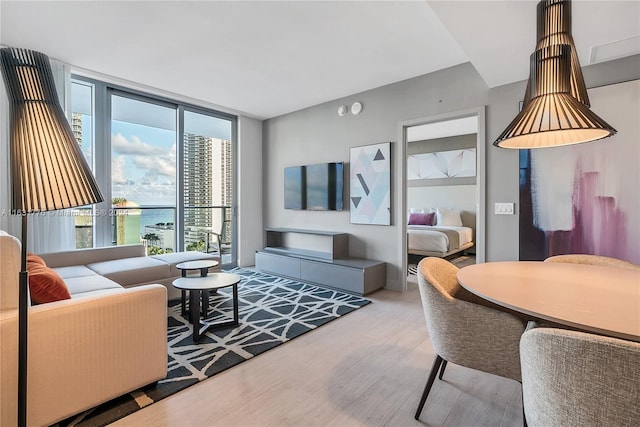 living room with hardwood / wood-style flooring and floor to ceiling windows