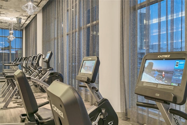 exercise room with hardwood / wood-style flooring