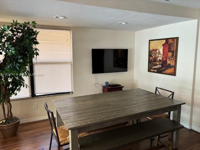 dining room with dark wood-type flooring, a textured ceiling, and plenty of natural light