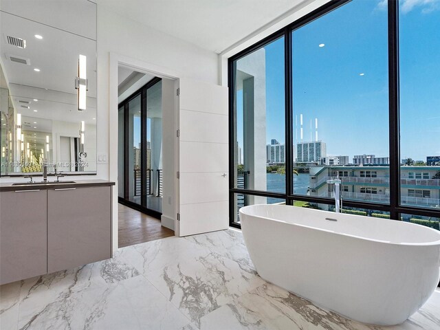 bathroom featuring vanity, a bathtub, and floor to ceiling windows