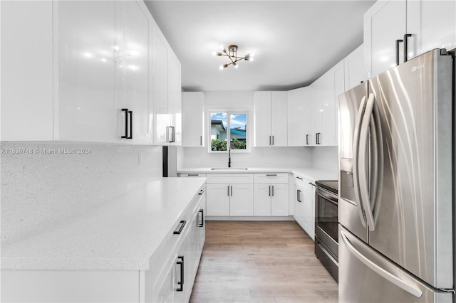 kitchen featuring stainless steel fridge with ice dispenser, white cabinetry, light hardwood / wood-style floors, and electric stove