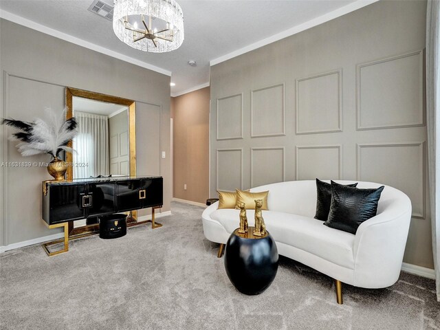 4414 Ficus St, Hollywood, FL 33021 - sitting room with crown molding, an inviting chandelier, carpet, baseboards, and visible vents