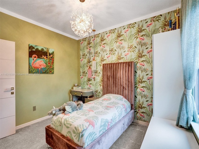 4414 Ficus St, Hollywood, FL 33021 - bedroom featuring baseboards, wallpapered walls, carpet, and a chandelier