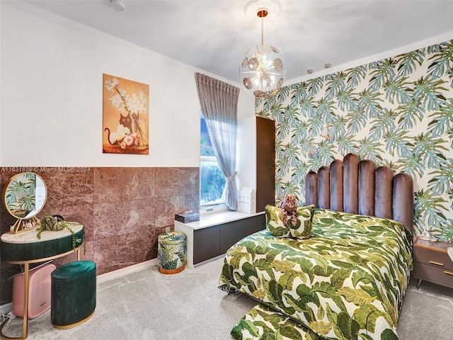4414 Ficus St, Hollywood, FL 33021 - bedroom with carpet floors, wallpapered walls, a chandelier, and a wainscoted wall