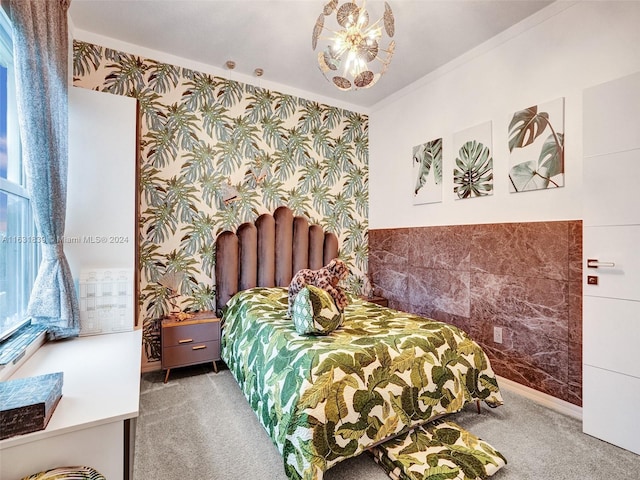 4414 Ficus St, Hollywood, FL 33021 - carpeted bedroom with ornamental molding, wallpapered walls, and an inviting chandelier