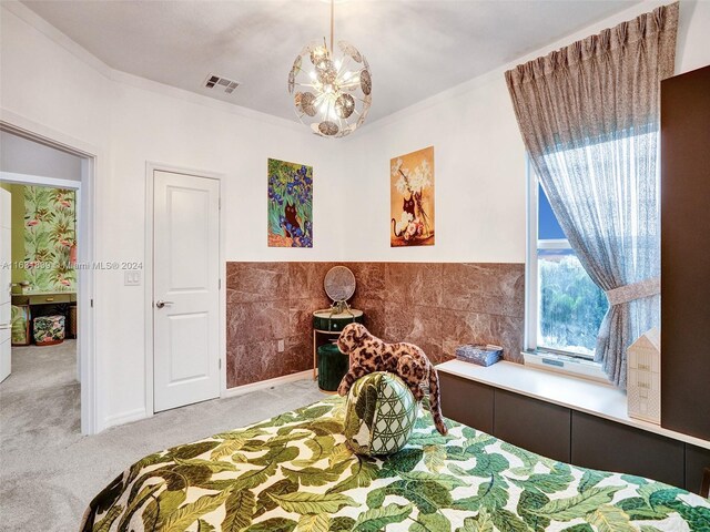 4414 Ficus St, Hollywood, FL 33021 - bedroom featuring light carpet, crown molding, tile walls, and visible vents