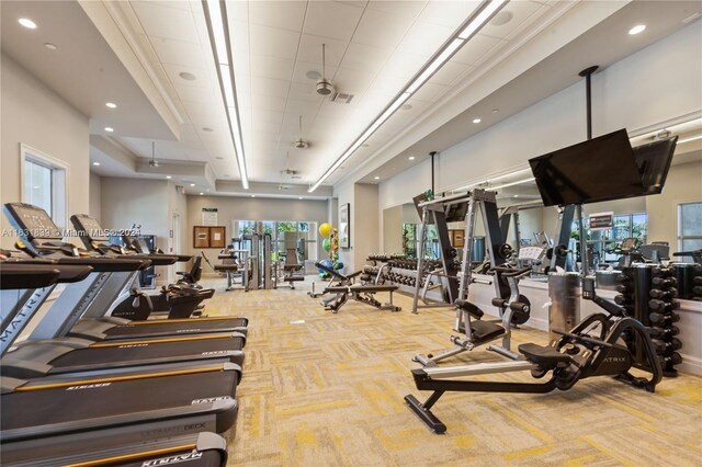 4414 Ficus St, Hollywood, FL 33021 - exercise room with a high ceiling, carpet floors, visible vents, and recessed lighting