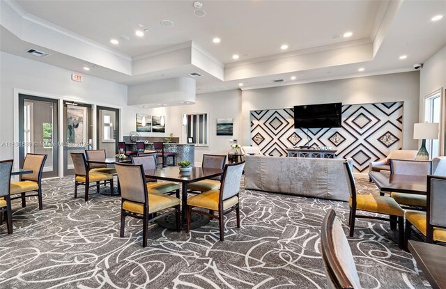4414 Ficus St, Hollywood, FL 33021 - dining room featuring a tray ceiling, visible vents, crown molding, and recessed lighting