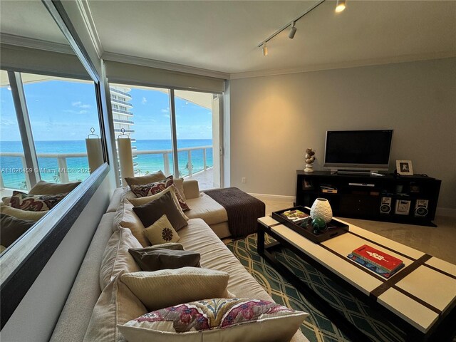 bedroom with track lighting and expansive windows