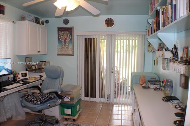 tiled office with ceiling fan