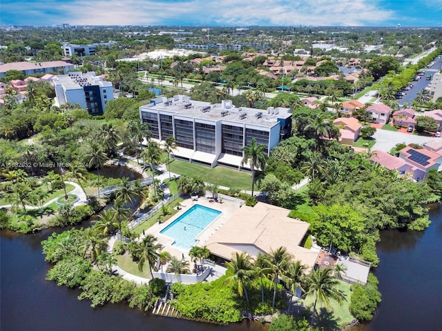 bird's eye view with a water view