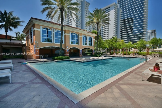 view of swimming pool featuring a patio area