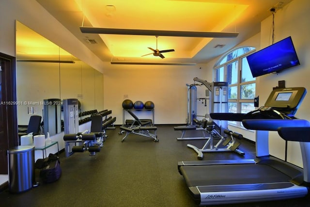 exercise room with ceiling fan and a tray ceiling