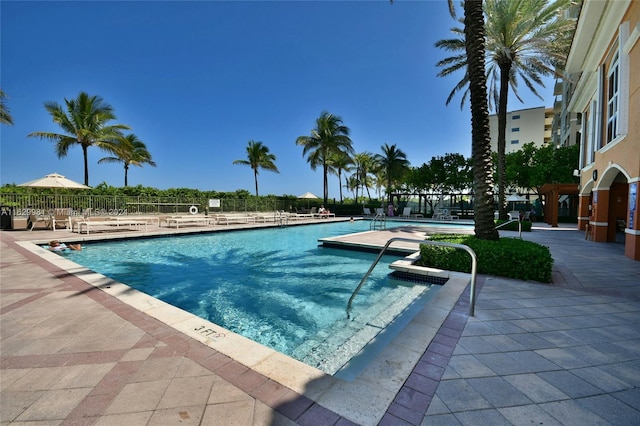 view of swimming pool with a patio