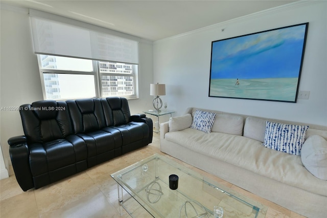 living room with crown molding