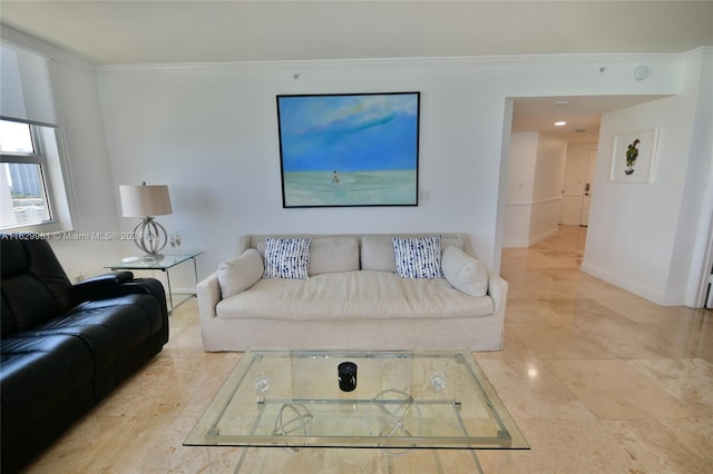 tiled living room with ornamental molding