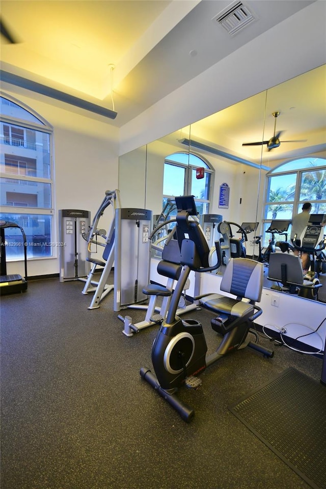 exercise room featuring ceiling fan and a raised ceiling