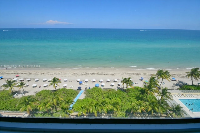 view of water feature with a beach view