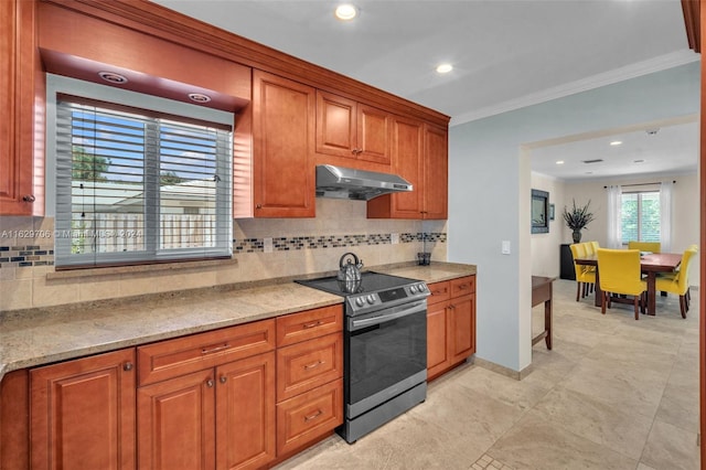 kitchen with light stone counters, electric range, ornamental molding, and decorative backsplash