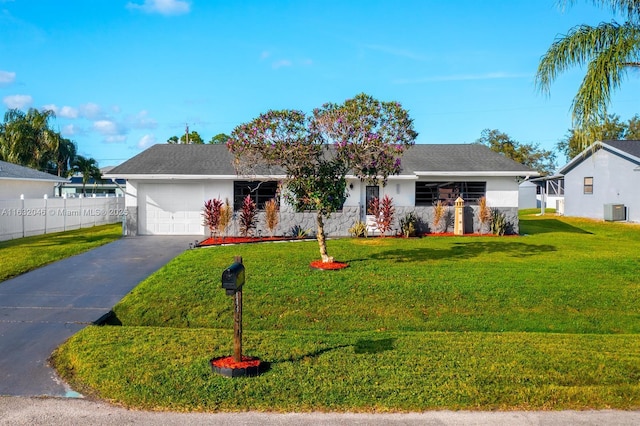 single story home featuring aphalt driveway, cooling unit, a garage, fence, and a front lawn