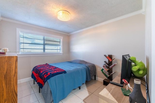 bedroom featuring a textured ceiling, ornamental molding, light tile patterned flooring, and baseboards