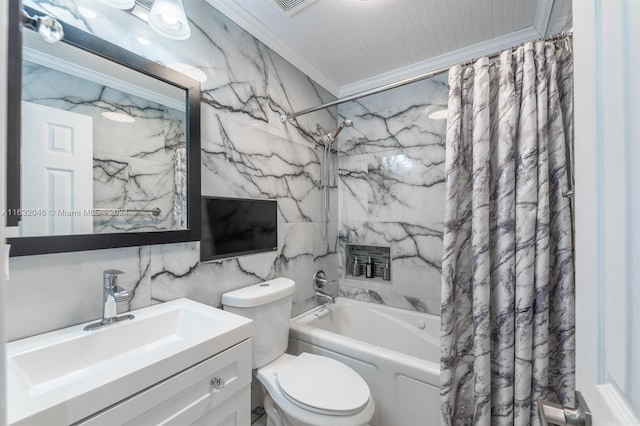 full bathroom with tile walls, crown molding, shower / tub combo with curtain, toilet, and vanity