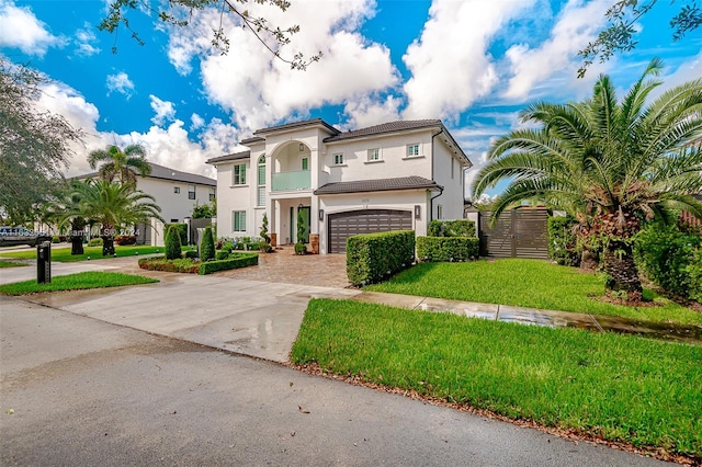 mediterranean / spanish home featuring a balcony, a garage, and a front lawn