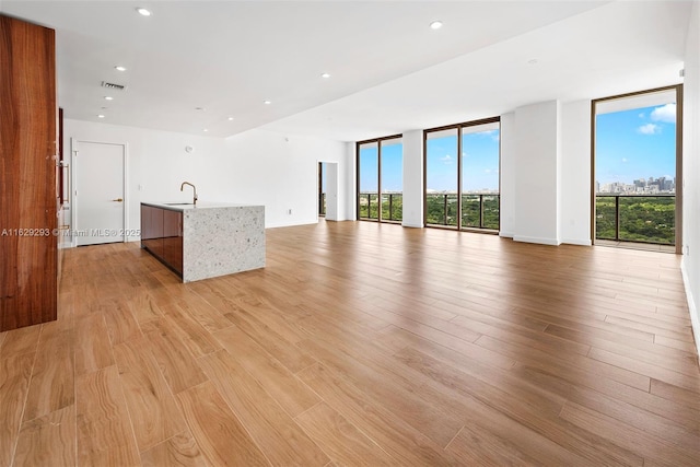 unfurnished living room featuring sink, expansive windows, and light hardwood / wood-style floors