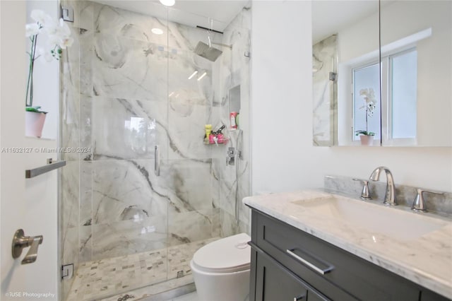 bathroom with walk in shower, vanity, and toilet