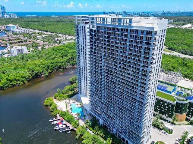 aerial view featuring a water view