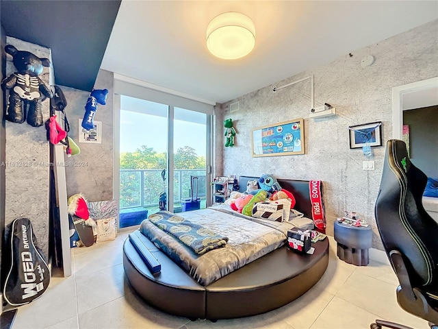 tiled bedroom featuring floor to ceiling windows