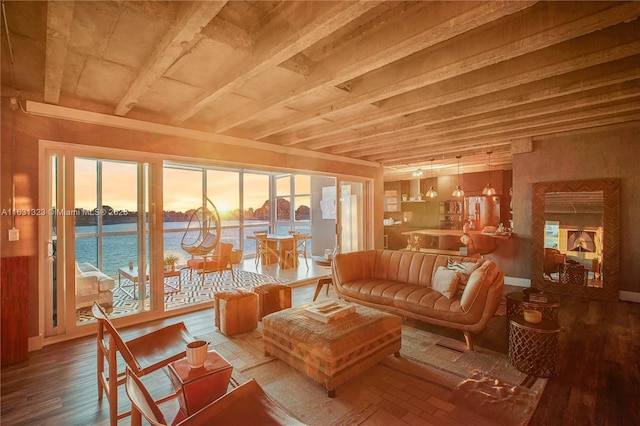 living room featuring a water view and wood-type flooring