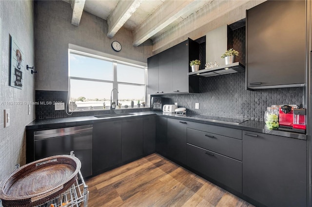 kitchen with black electric stovetop, light wood-type flooring, sink, wall chimney range hood, and dishwasher