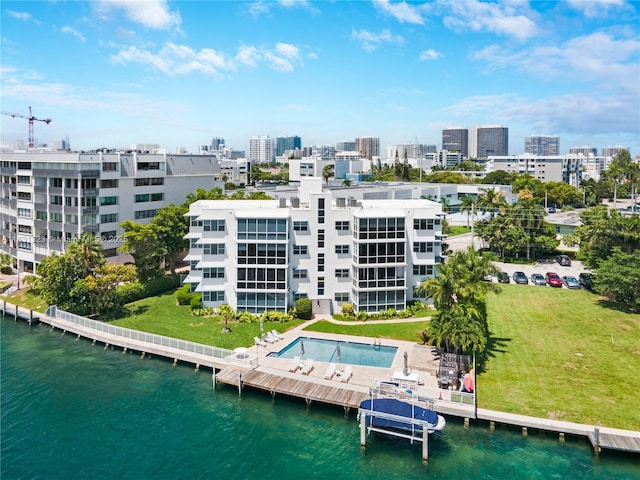 bird's eye view with a water view