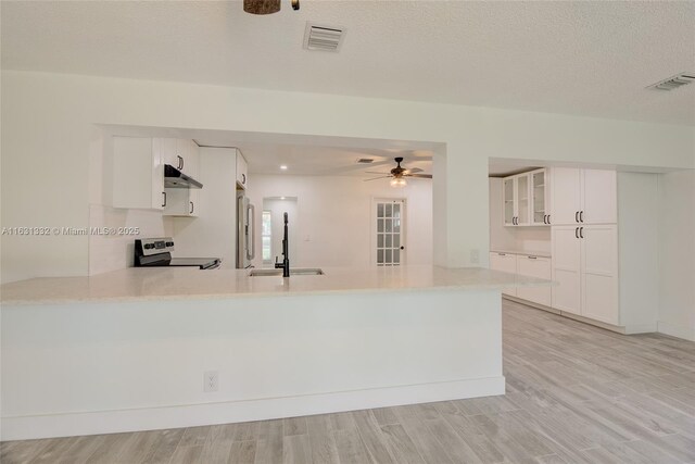 kitchen with kitchen peninsula, ceiling fan, stainless steel appliances, white cabinets, and sink