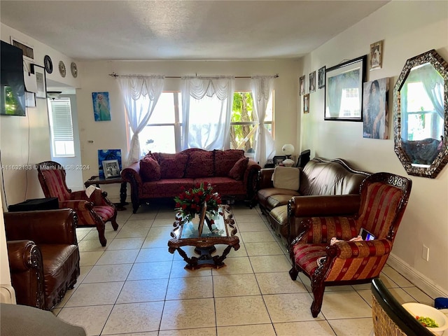 living room featuring light tile patterned floors