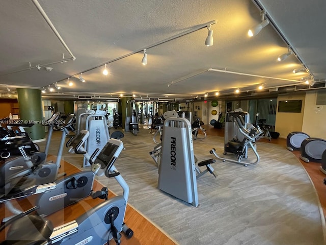 workout area featuring a textured ceiling and hardwood / wood-style floors