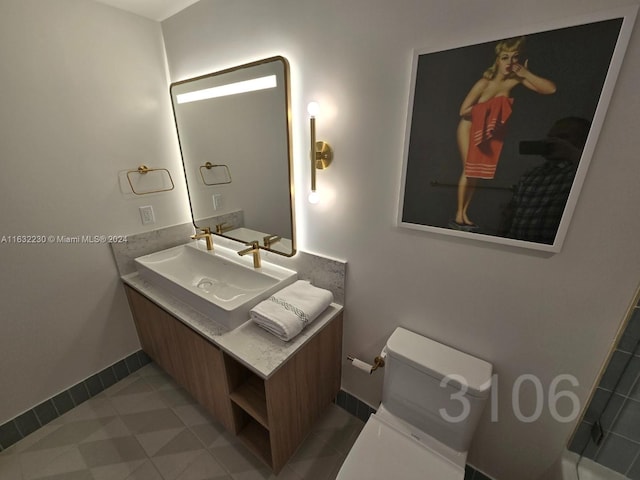 bathroom with tile patterned flooring, toilet, and vanity