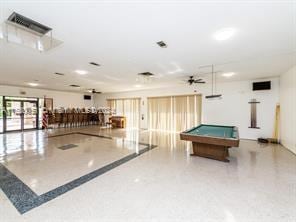 playroom with tile patterned floors, ceiling fan, and billiards