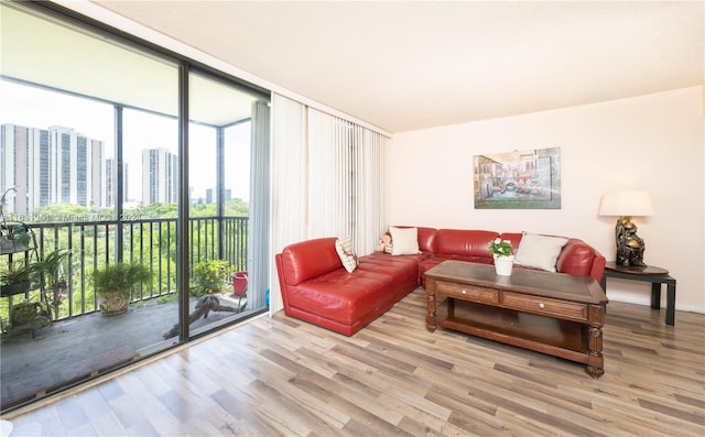 living room featuring a wall of windows and wood-type flooring