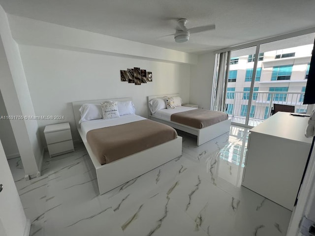 tiled bedroom with a wall of windows, ceiling fan, and access to exterior