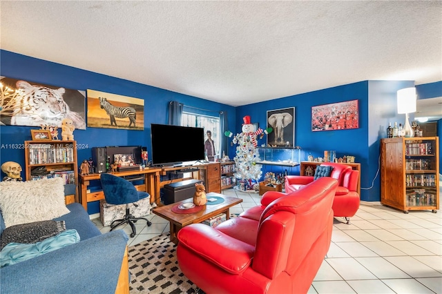 living room featuring a textured ceiling and light tile patterned flooring