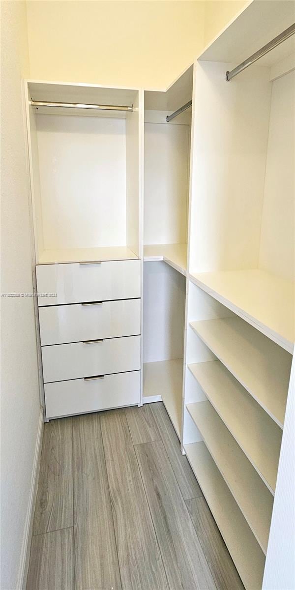 walk in closet with light hardwood / wood-style floors