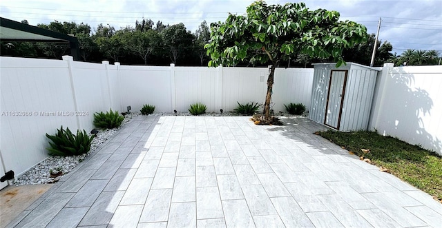 view of patio / terrace featuring a storage shed